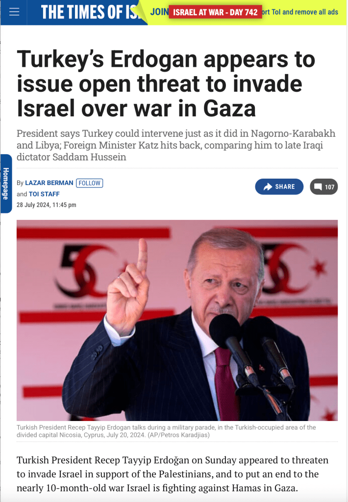 Turkish President Recep Tayyip Erdoğan speaks at a military parade in Cyprus, expressing threats to invade Israel amid ongoing conflict in Gaza.